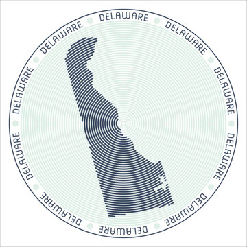 Delaware round logo design. State shape build of rings. Delaware text around the state. Vector Illustration.
