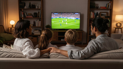 Famille regardant un match de football à la télévision