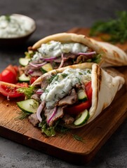 Savory gyros with fresh vegetables and creamy sauce served on a wooden board