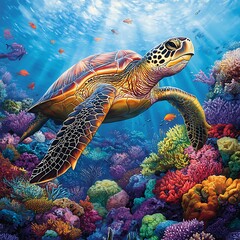 Fototapeta premium Ocean turtle exploring lively coral landscape underwater high resolution picture