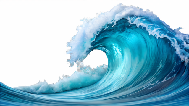 A powerful blue ocean wave curling and crashing, isolated on transparent background
