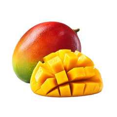 Ripe mango whole and diced showing vibrant colors and juicy texture isolated on transparent background