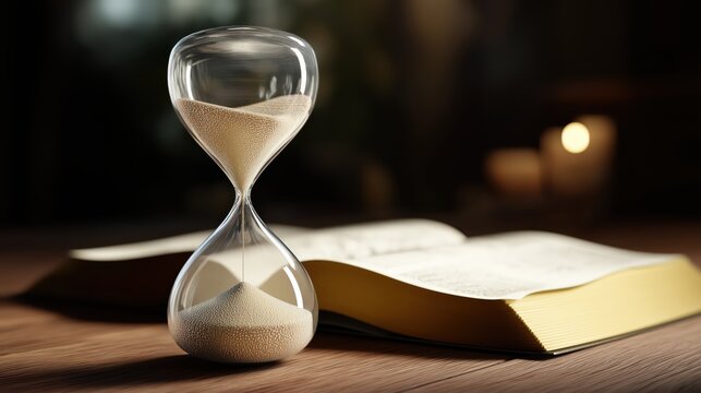 A photorealistic image of an elegant hourglass with slowly flowing fine sand is placed on a wooden table next to an open Bible, while soft, warm lighting casts subtle shadows.