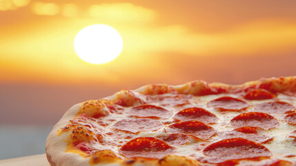 Beautiful sunrise over delicious pizza topped with pepperoni, creating warm and inviting atmosphere