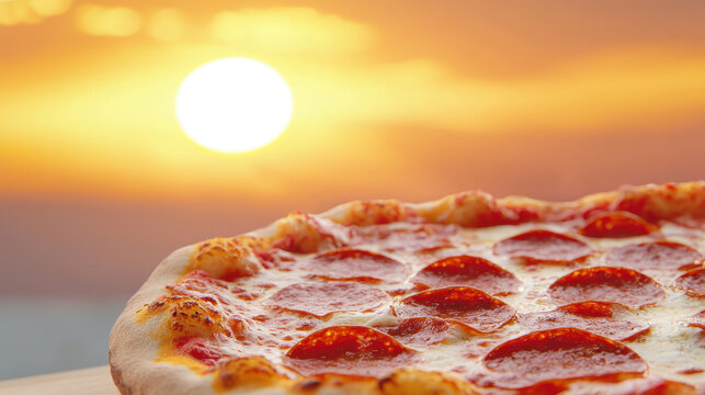 Beautiful sunrise over delicious pizza topped with pepperoni, creating warm and inviting atmosphere