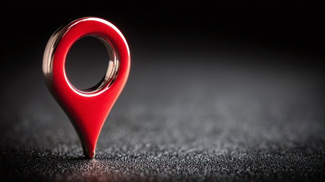 Shiny red location pin on textured black surface. Modern, sleek design for navigation or pinpointing locations. Visual simplicity for easy recognition.
