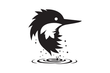 Stylized black bird icon diving into rippling water with splashes