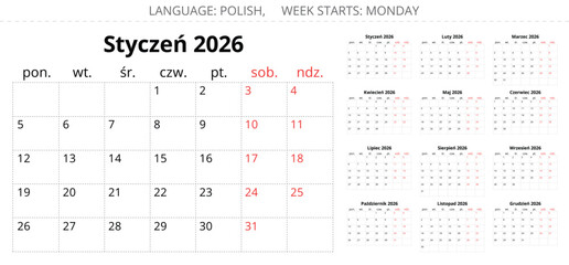 2026 year polish calendar planner. vector illustration set for Poland