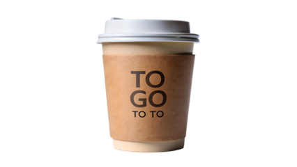 A paper coffee cup with a lid and cardboard sleeve labeled to go isolated on transparent background