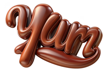 Yum chocolate text isolated on transparent background for culinary designs, dessert promotions, and food blogging.