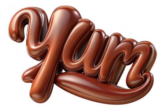 Yum chocolate text isolated on transparent background for culinary designs, dessert promotions, and food blogging.