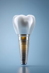 Close-up of dental implant on blue background with artificial tooth crown