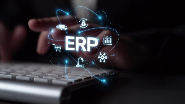ERP platform visual showing centralized system for enterprise resource planning, improving integration, data flow, business efficiency, finance, inventory, and human resources. Muxer - Powered by Adobe