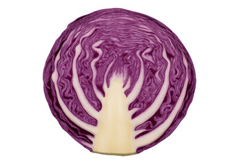 Fototapeta premium Vibrant purple and white layers of a red cabbage half create a captivating pattern, isolated on a transparent background