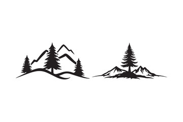 Stylized silhouette of pine trees and jagged mountains in black and white