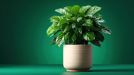 Vibrant potted plant with striped leaves in a textured ceramic pot on a green background, ideal for home decor and wellness themes.
