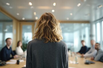 A blonde woman, seen from behind, stands presenting to a seated group of colleagues in a modern, bright office boardroom