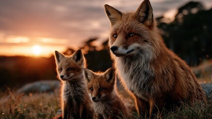 Red fox family in sunset glow, two playful cubs with a vigilant adult, in a serene grassy field. Ideal for nature and family concepts.