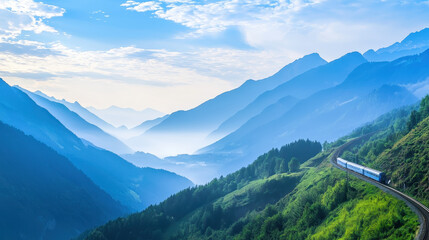 Scenic train journey through majestic mountains, showcasing lush greenery and misty valleys, evokes sense of adventure