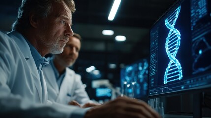Fototapeta premium Scientists in a lab analyze DNA strands on screens, representing advanced genetic research and gene therapy concepts.