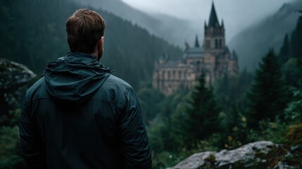 Person in a hooded jacket stands in a misty forest, observing a gothic castle through atmospheric fog.