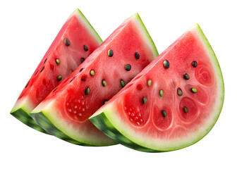 Three slices of fresh red watermelon isolated on transparent background