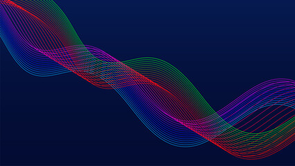 Abstract flowing lines in red, green, and blue against a dark blue background.