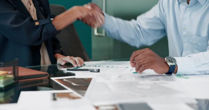 People, sign and contract with handshake in office for welcome, B2B document and agreement form. Team, shaking hands and legal paperwork for onboarding, job negotiation and congratulations with offer