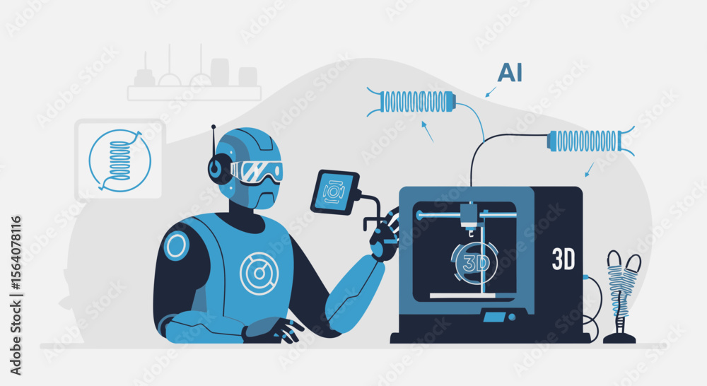 Poster artificial intelligence and robot working with 3d printing technology process