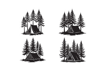 Black silhouette camping tents nestled among pine trees