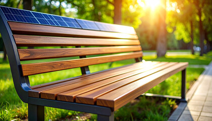Eco-Friendly Bench in Sunny Park: A modern park bench with solar panels on the backrest, offering a place for rest and reflecting amidst the beauty of a sunny park. 