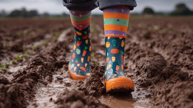 Muddy Field Adventures: Colorful socks and boots trudge through freshly plowed soil, embracing the joys of outdoor exploration.