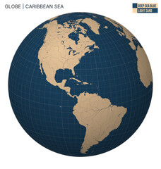 Vector Globe centered to Caribbean Sea. Deep Sea Blue Light Sand palette. World map with meridians, parallels, countries, rivers and lakes. Stylish vector illustration.