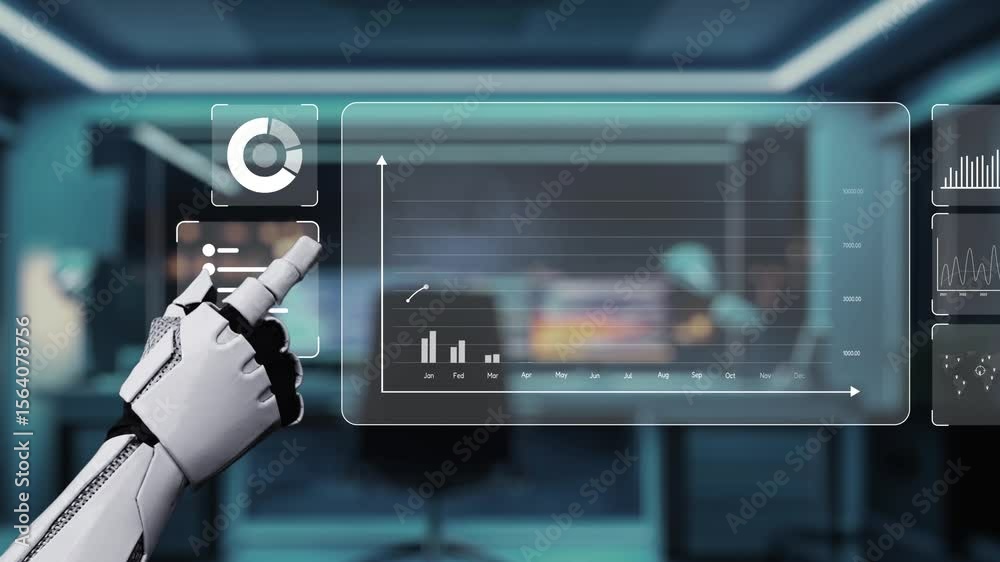 Poster A robotic hand engages with an advanced data interface displaying various graphs and analytics, emphasizing innovation and technology in a modern business setting. Auvana