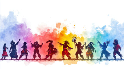 Vibrant watercolor illustration depicting group of Native dancers celebrating traditional attire, showcasing cultural heritage