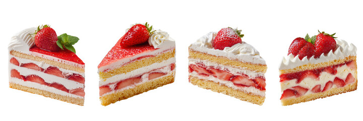 Set of Delicious strawberry cream cake slice with strawberry garnish isolated on a transparent background