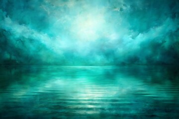Serene Teal Waterscape: Dreamlike Abstract Painting of Calm Ocean and Sky, Peaceful and Ethereal Mood.