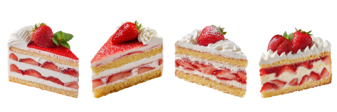 Set of Delicious strawberry cream cake slice with strawberry garnish isolated on a transparent background