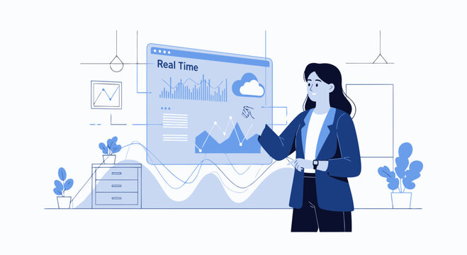 Businesswoman Analyzing Real Time Data On A Digital Interface Presentation