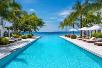 Fototapeta premium Infinity pool overlooking tranquil ocean in tropical paradise