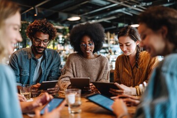 Diverse group of young adults gathered around a table in a cafe, using tablets and smartphones, engaging in a collaborative activity or casual meeting