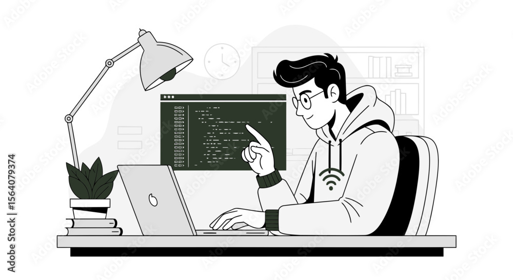 Poster creative coder developing software on laptop in home office space