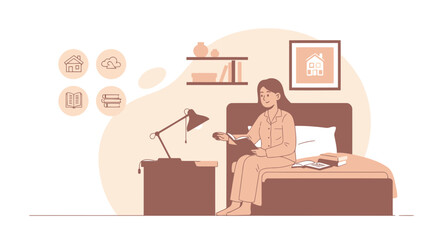 Cozy Evening Reading Woman Enjoying Book In Bedroom Under Soft Lamp Light