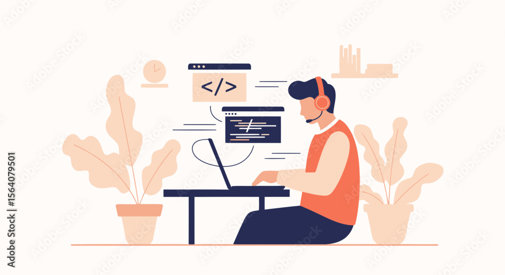 Poster creative developer working on coding project with laptop and headphones at home