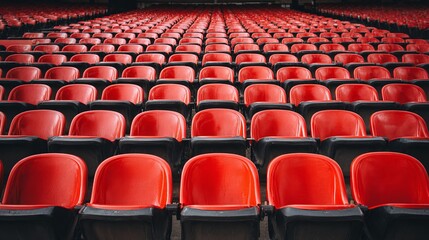 Obraz premium Endless Rows of Stadium Seating: A sea of identical seats stretch into the distance. Red and black chairs create an imposing yet structured pattern.
