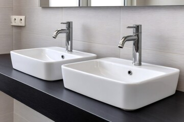 Two white rectangular ceramic sinks with modern faucets in a contemporary bathroom