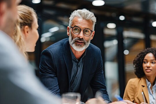 A middle-aged man with graying hair and glasses leads a business meeting, engaging with colleagues around a table in a modern office setting