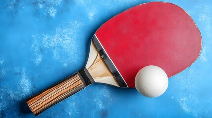 Red Ping Pong Paddle and Ball on Blue Background