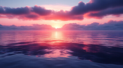 Tranquil ocean at sunset reflecting beautiful pink and purple clouds in the water