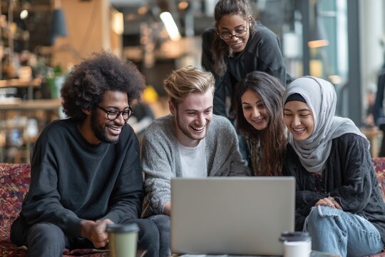 Diverse group of young adults huddled around a laptop, laughing and engaged in a shared activity within a modern, casual setting